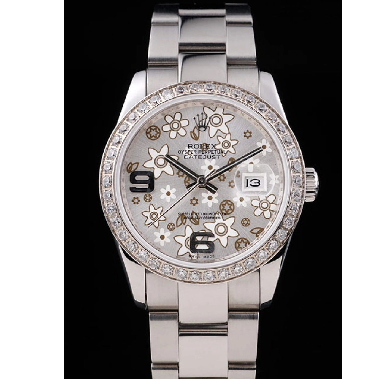 MiroTime 0815 Rolex Datejust Stainless Steel Silver Flowers Dial Diamond Plated rl305